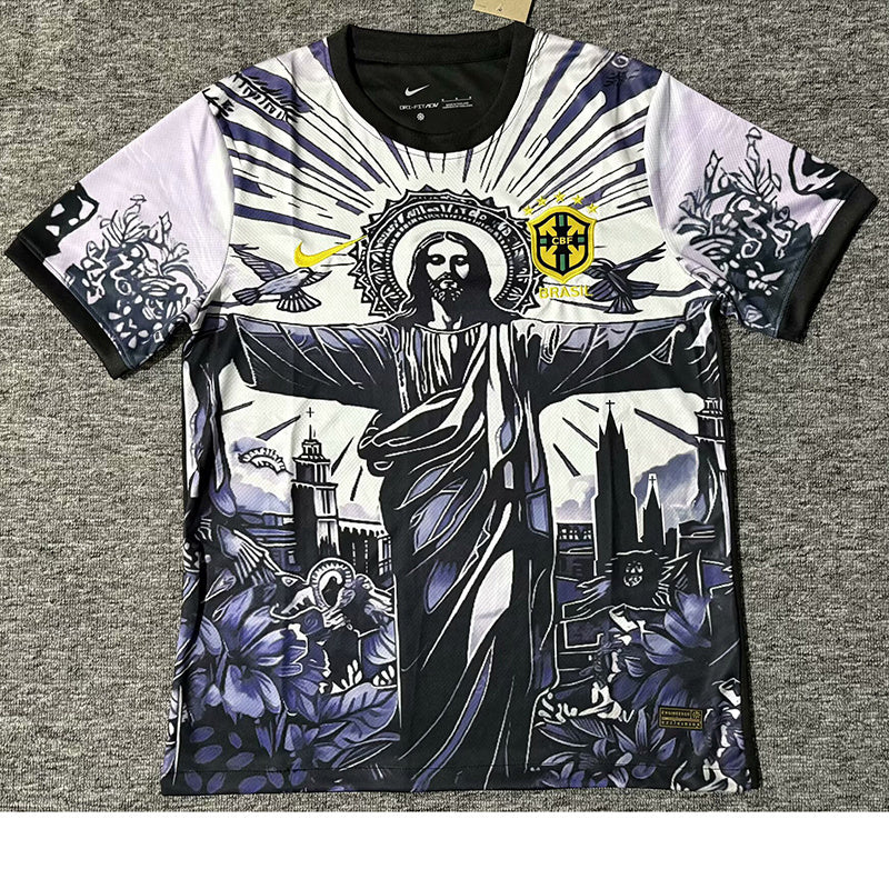 2025 Brazil Black White Jesus Edition Soccer Fan Jersey
