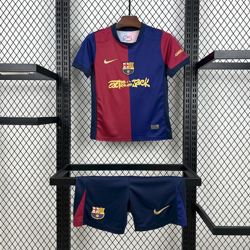 24/25 barcelona Travis Scott Blue and Red Edition Kids Fan Jersey