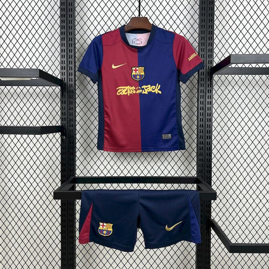 24/25 barcelona Travis Scott Blue and Red Edition Kids Fan Jersey