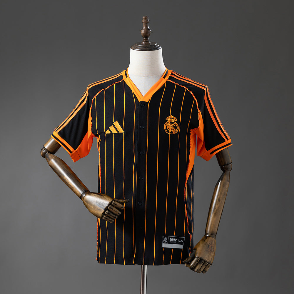 25/26 Real Madrid Baseball Black and Orange Striped Fan Jersey