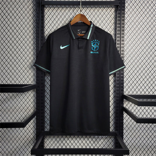2023 Brazil Black With Sky Blue Logo POLO Fan Jersey